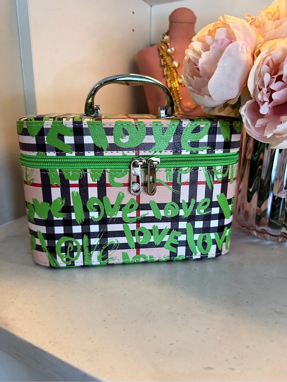 Graffiti Plaid Train Case Cosmetic Case in Green and checkered plaid NEW FRESH! - Picture 2 of 16